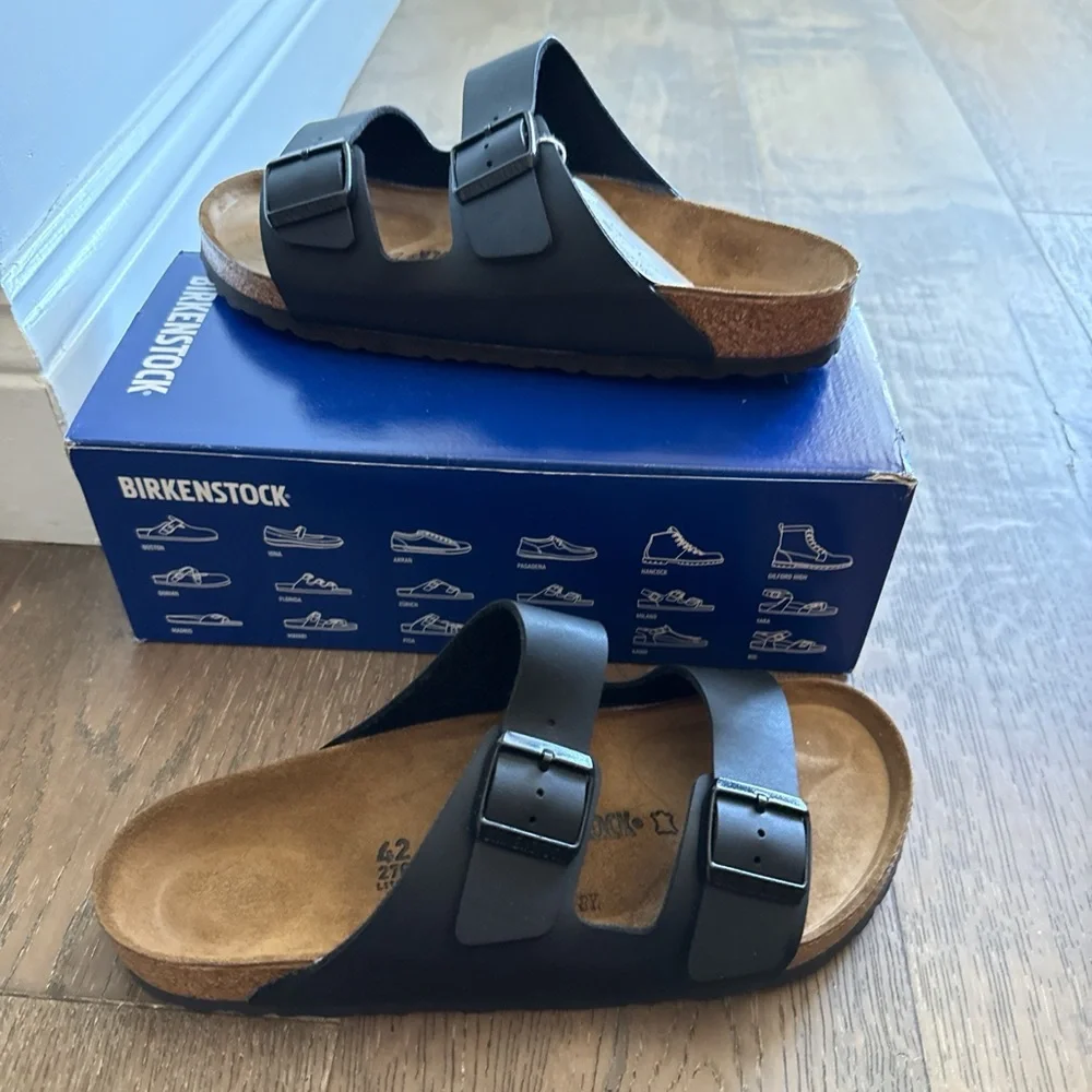 Birkenstock Men's Arizona Two-Strap Sandal in Black with Brown Footbed